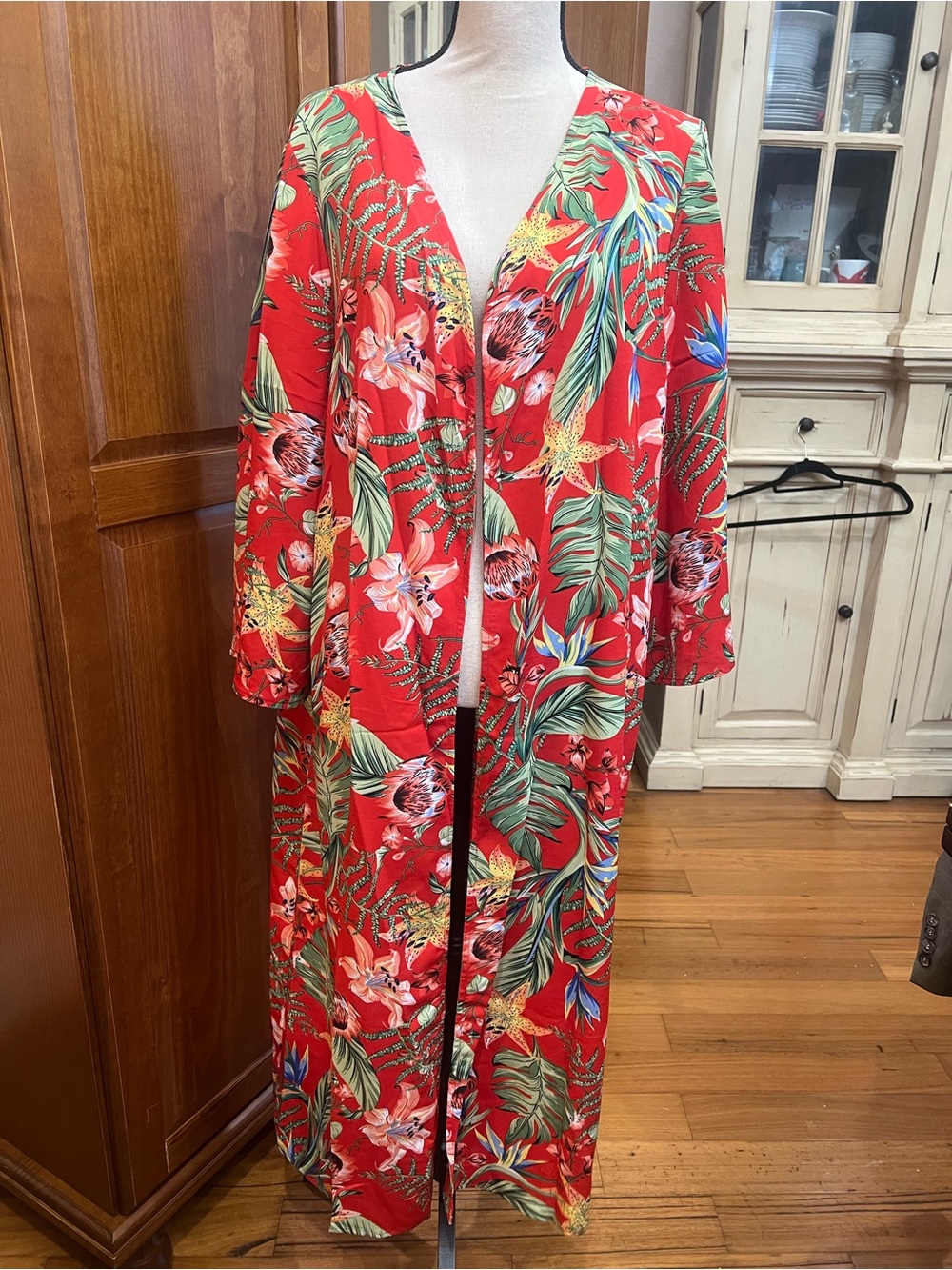 Red Tropical Floral Swim Coverup Kimono